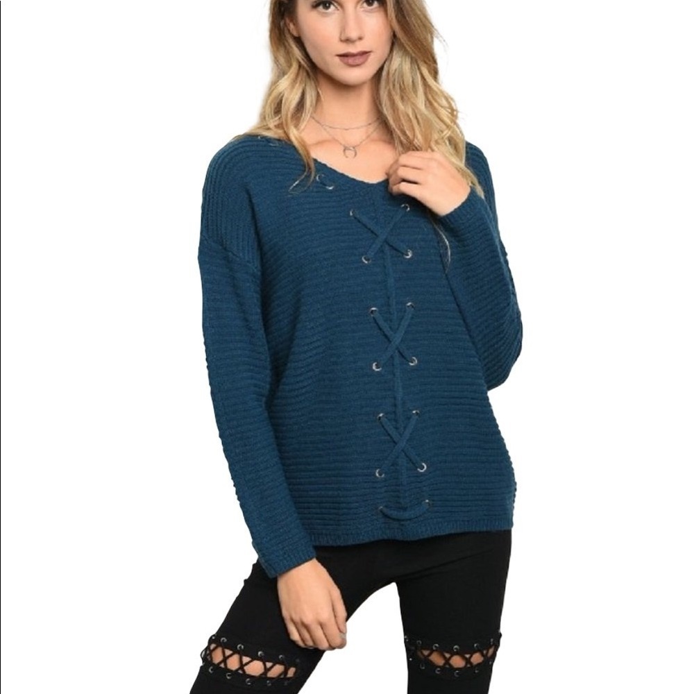 NWT Teal long sleeve sweater with lace up feathers
